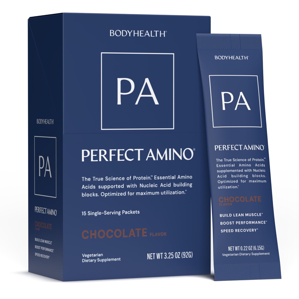 BodyHealth PerfectAmino Powder - BCAA and EAA Powder for Pre and Post Workout - Amino Acid Energy Drink for Men and Women to Support Lean Muscle and Recovery - Chocolate - Stick Packs - 15 Servings