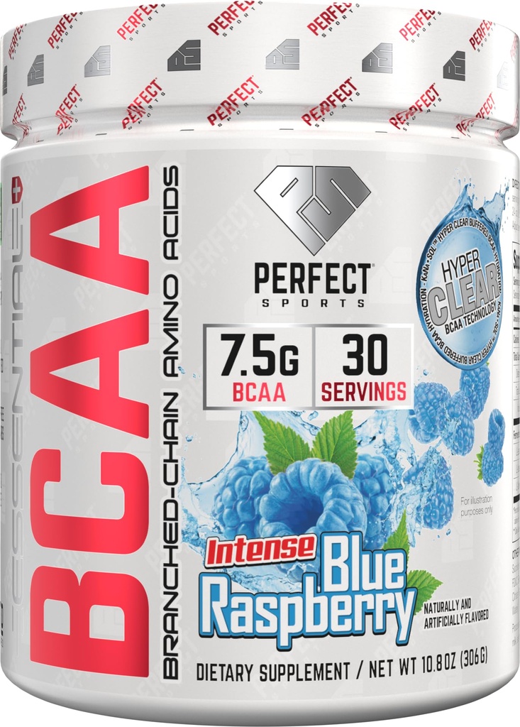 PERFECT SPORTS Essential BCAA Hyper Clear | KaNa-Sol™ Technology | 7.5g Vegan BCAAs | Zero Sugars, Carbs, or Calories | 30 Servings (Blue Raspberry)