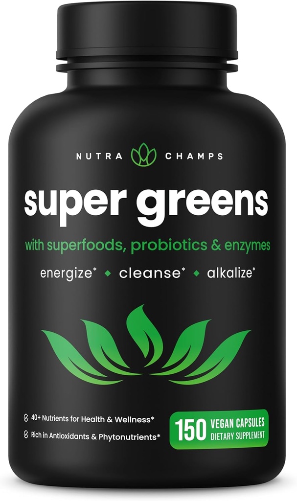 NutraChamps Organic Super Green Capsules - Alfalfa, Spirulina, Chlorella & mere - Antioxidant, fordøjelsesfremmende enzymer & probiotiske blandinger - 150 Green Superfood Capsules