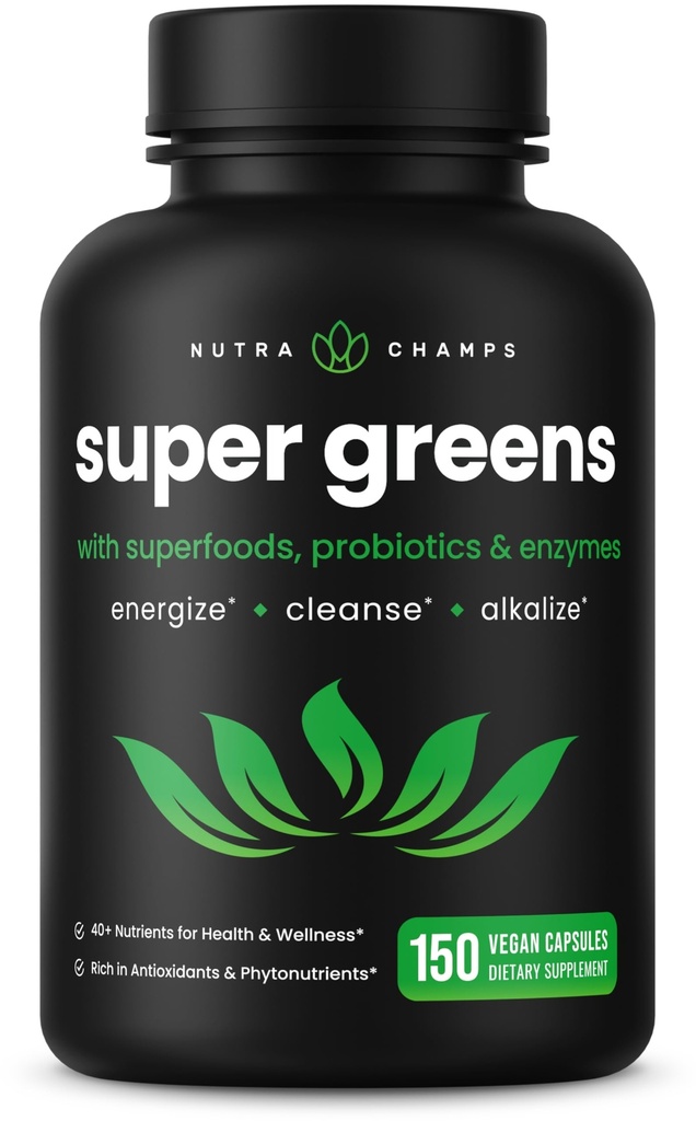 NutraChamps Organic Super Green Capsules - Alfalfa, Spirulina, Chlorella & mere - Antioxidant, fordøjelsesfremmende enzymer & probiotiske blandinger - 150 Green Superfood Capsules