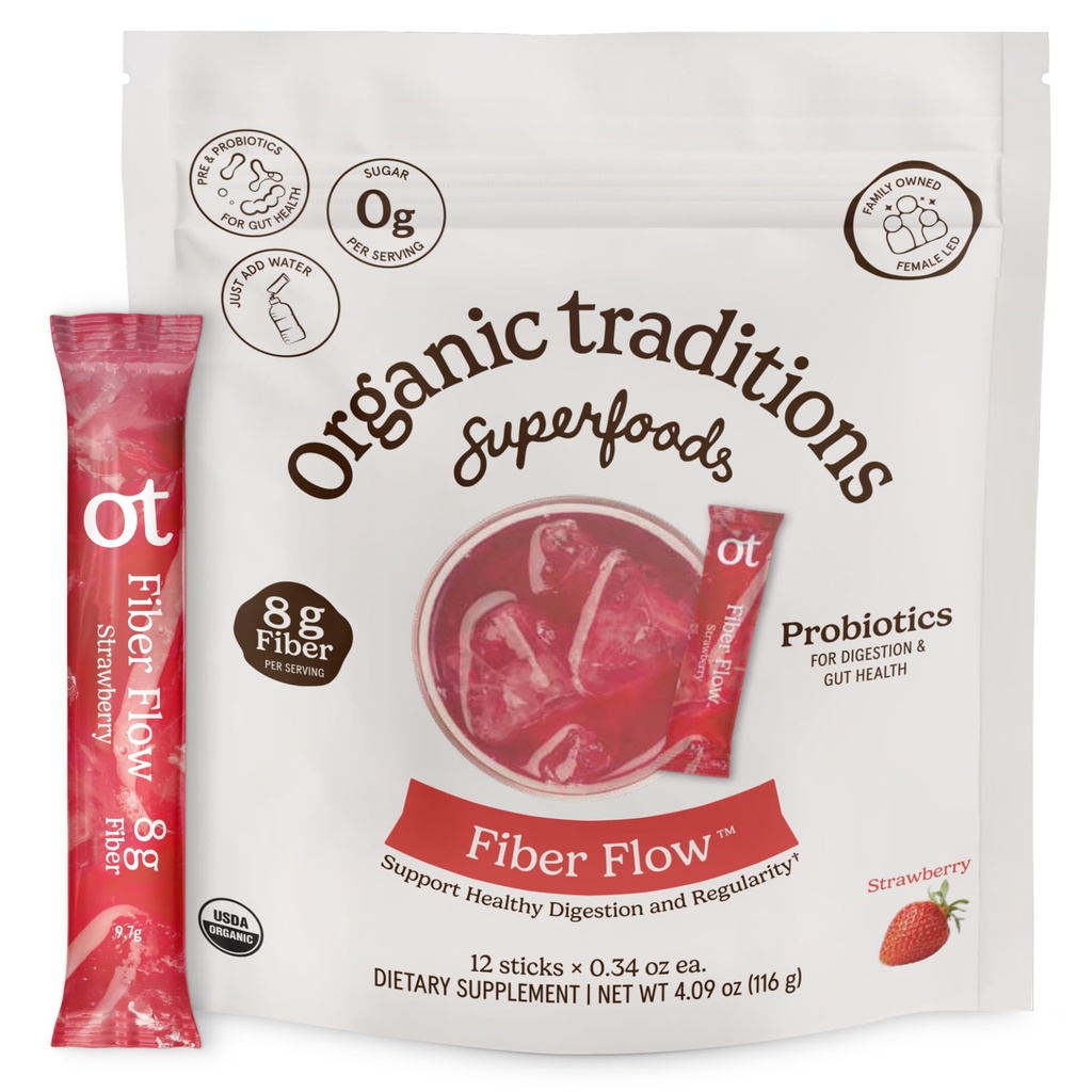Organic Traditions Fiber Flow Strawberry, Daily Fiber Supplement Sticks With Acacia, Chicory Root Inulin, One Billion CFU Probiotics, Strawberry Flavored, Prebiotic Daily Drink, 12 Count