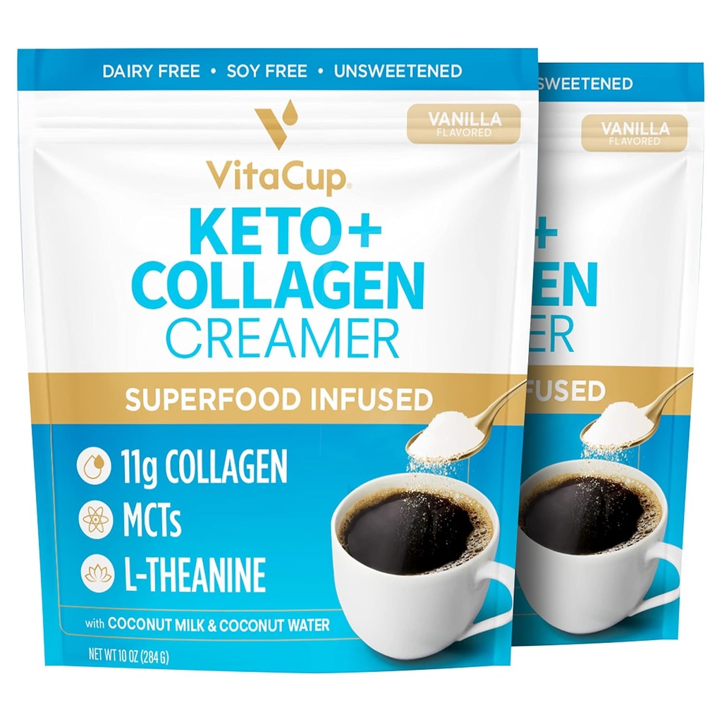 VitaCup Keto + Collagen Coffee Creamer Vanilla Flavor w/MCT, Collagen Protein, Coconut Water, L-Theanine for Keto Diet, Coffee, Smoothies, & Shakes, Dairy-Free, Gluten-Free, Soy-Free, 2 bags,10oz each