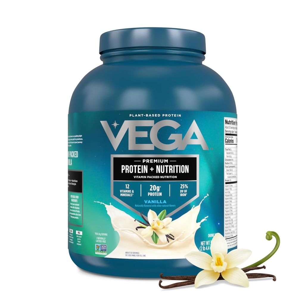 Vega Protein + Nutrition – 20g Plant Based Vegan Protein Powder, Vanilla for a Dairy-Free Protein Shake – XL Tub, 2.3lbs (30 Servings)