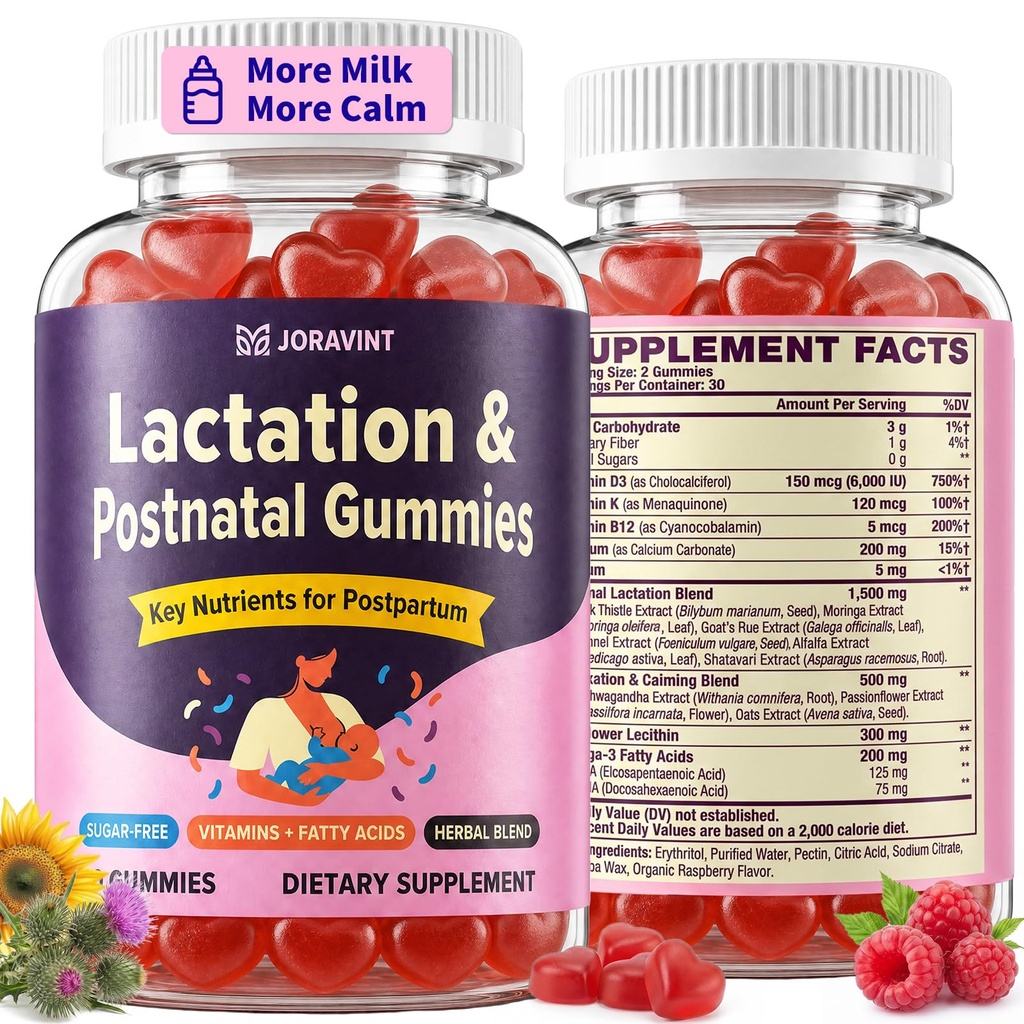 Lactation Supplement for Breastfeeding Moms, Postpartum Lactation Support Gummies with Milk Thistle & Postnatal Vitamins for Milk Supply Increase, Postpartum Recovery & Calm Support - Vegan, 60 Count