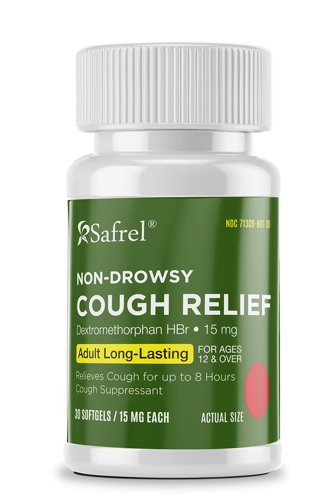 Safrel Non-Drowsy Cough Relief - 30 Count, 15mg Dextromethorphan HBr - 8-Hour, Long-Lasting, Cough Suppressant for Adults & Children- Pack of 1