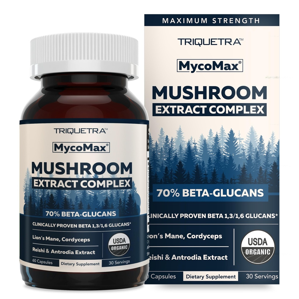 MycoMax Mushroom Complex - 70% Beta Glucans, Max Potency Mushroom Supplement, US Grown + Ultrasonisk Udtrækning - Lions Mane, Cordyceps, Reishi & mere - Kognition, Immunitet, Energi - 60 kapsler