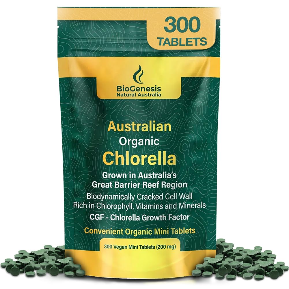 Biogenese Organic Chlorella Mini tabletter - 300 Count (200mg) - 124; Australske Grown - 124; Rich in Chlorophyll, Vitamin & Minerals - 124; Understøtter energi & Immunitet - 124; Vegan Mini tabletter
