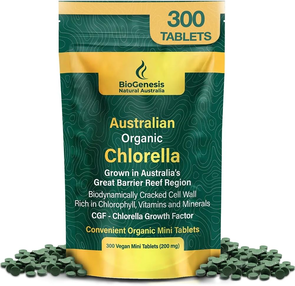 Biogenese Organic Chlorella Mini tabletter - 300 Count (200mg) - 124; Australske Grown - 124; Rich in Chlorophyll, Vitamin & Minerals - 124; Understøtter energi & Immunitet - 124; Vegan Mini tabletter