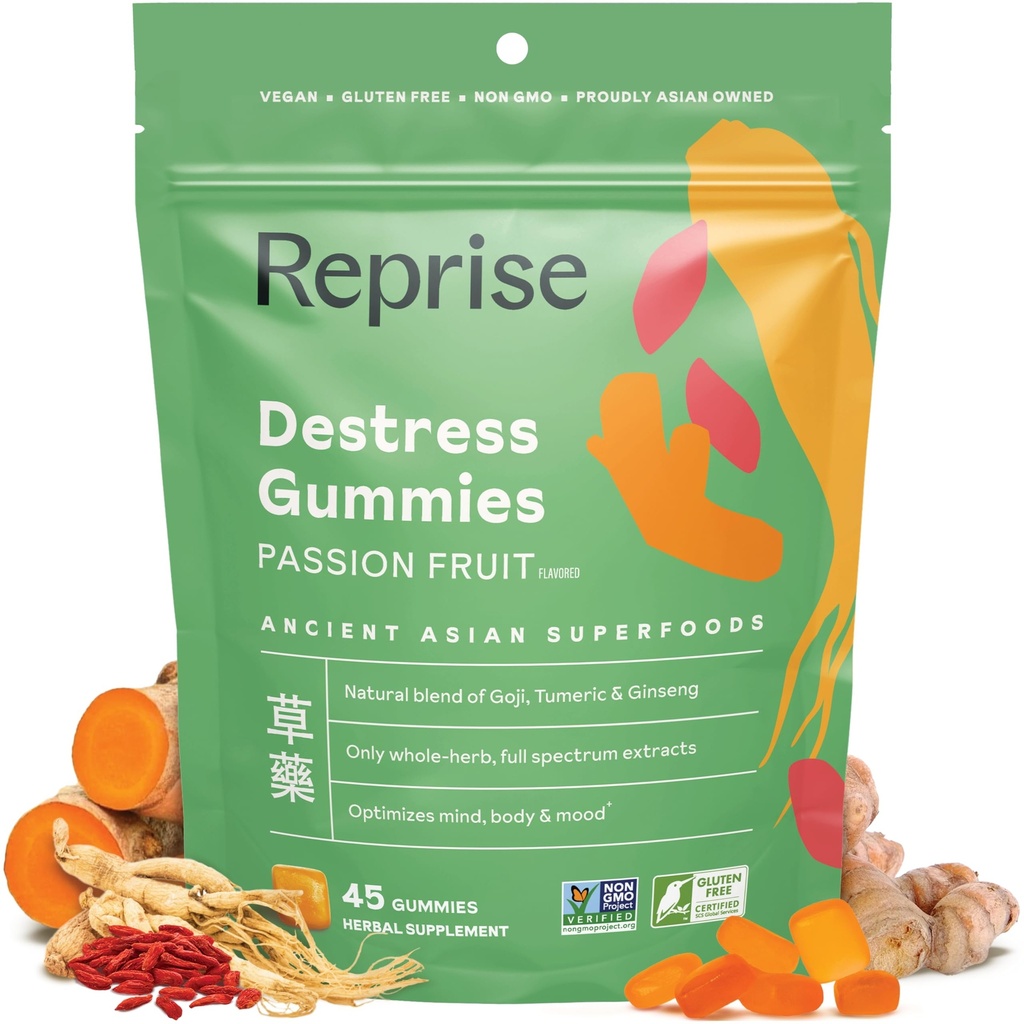 De- Stress Gummies med amerikansk Ginseng, gurkemeje, og Goji - Assist med Stress Relief & Mood Boost, All- Natural slaxation, Low- Sugar, 45 Vegansk Gummies, Passionsfrugt (45 Gummies (pakke med 1))