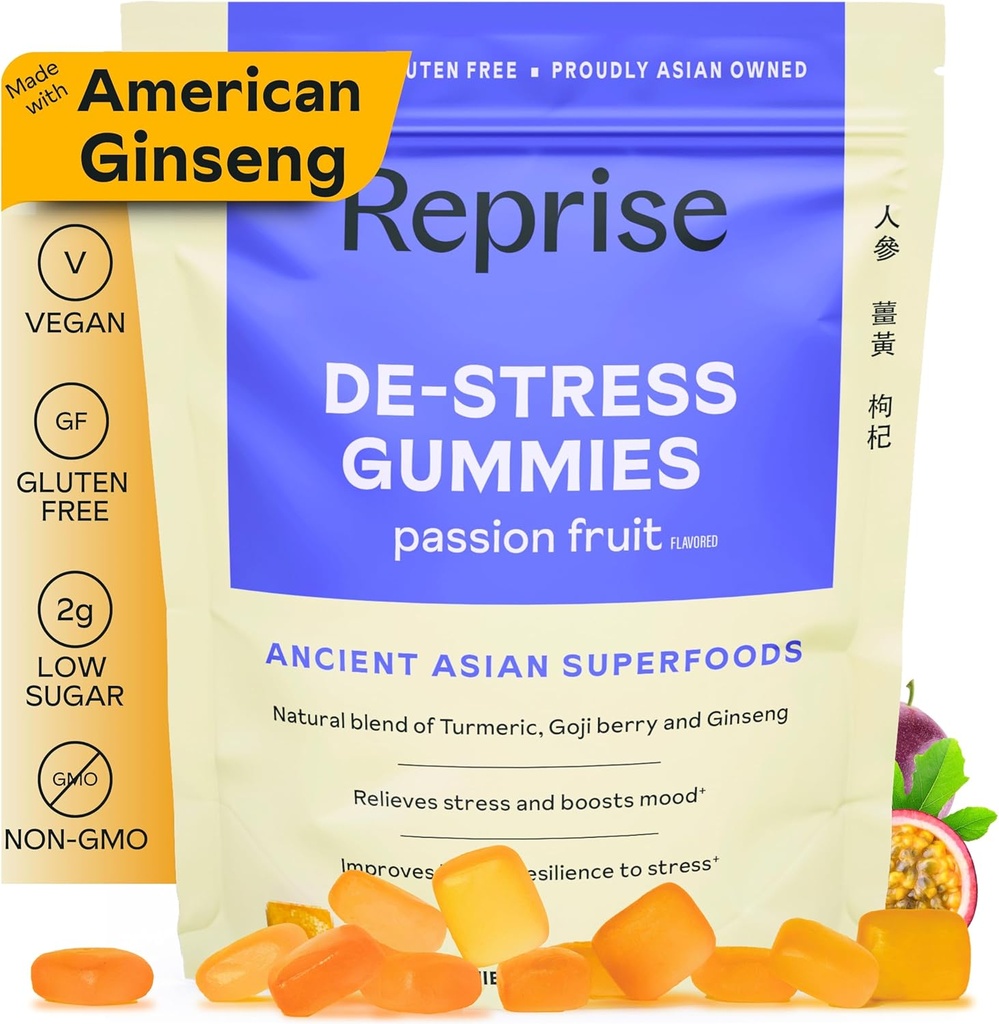 De- Stress Gummies med amerikansk Ginseng, gurkemeje, og Goji - Assist med Stress Relief & Mood Boost, All- Natural slaxation, Low- Sugar, 45 Vegansk Gummies, Passionsfrugt (45 Gummies (pakke med 1))