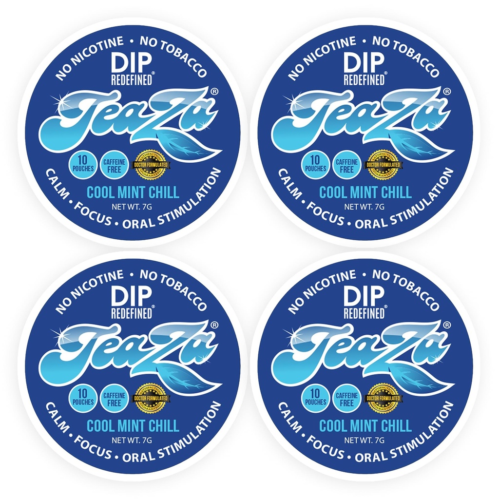 Teaza Herbal Energy Pouches, Alternative Snuff and Healthy Dip, Caffeine Free Tobacco Free Chew Premium Crisp Minty Flavor - Cool Mint Chill (4 Pack)
