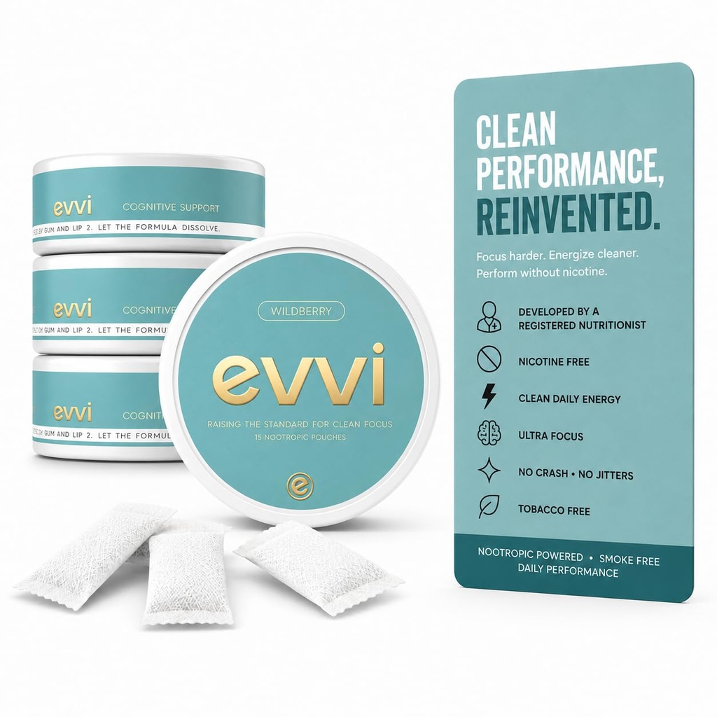 evvi Nicotine-Free Focus Pouches – Clean Energy, Ultra Focus – Tobacco-Free Oral Nootropic Pouches – 15 Pouches per Can (Wildberry, 4 Pack)