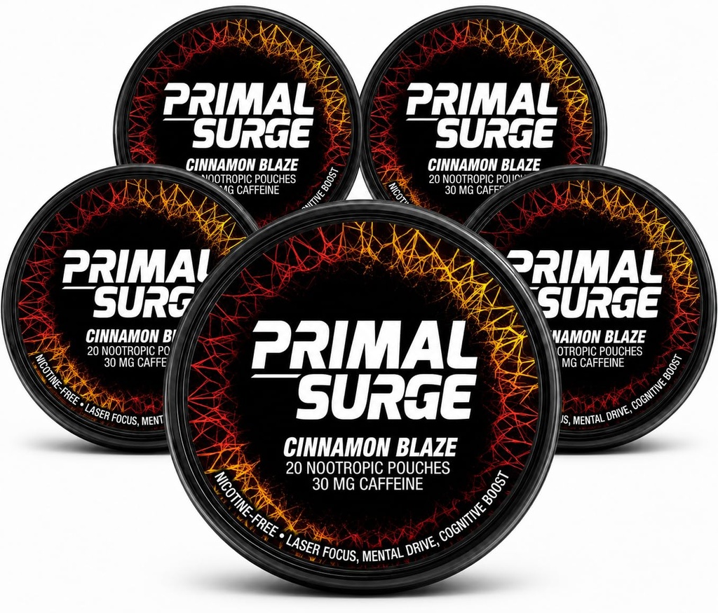 Caffeine Nootropic Pouches - Primal Surge Energy Pouches with 30mg Caffeine, L-Tyrosine, Taurine, Nicotine Free, No Sugar or Artificial Sweeteners - 20 Pouches - 5 Pack (Cinnamon Blaze)