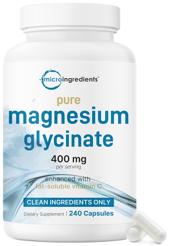 Mikroingredienser Magnesium Glycinat 400mg per servering, 240 Kapsler; Potent Elemental Form, 100% Chelated, Høj Absorption 124; Sund Muskel, Knogler, & Mood Support Supplement