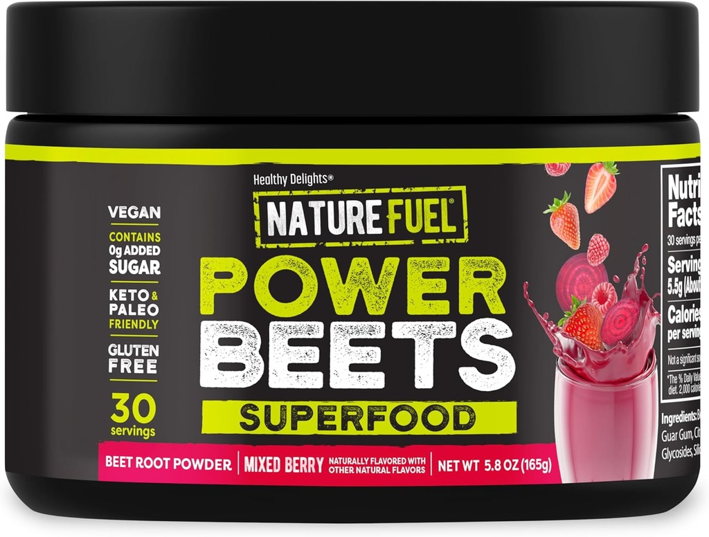 Sunde Delights Nature Fuel Power Beets, Vegansk Beet Juice Powder, Beet Powder for High Blood Pressure, 0g Tilføjet sukker, Beet Root Supplement, Beetroot, Blandede Berry, 30 Servering (Packaging May Vary)