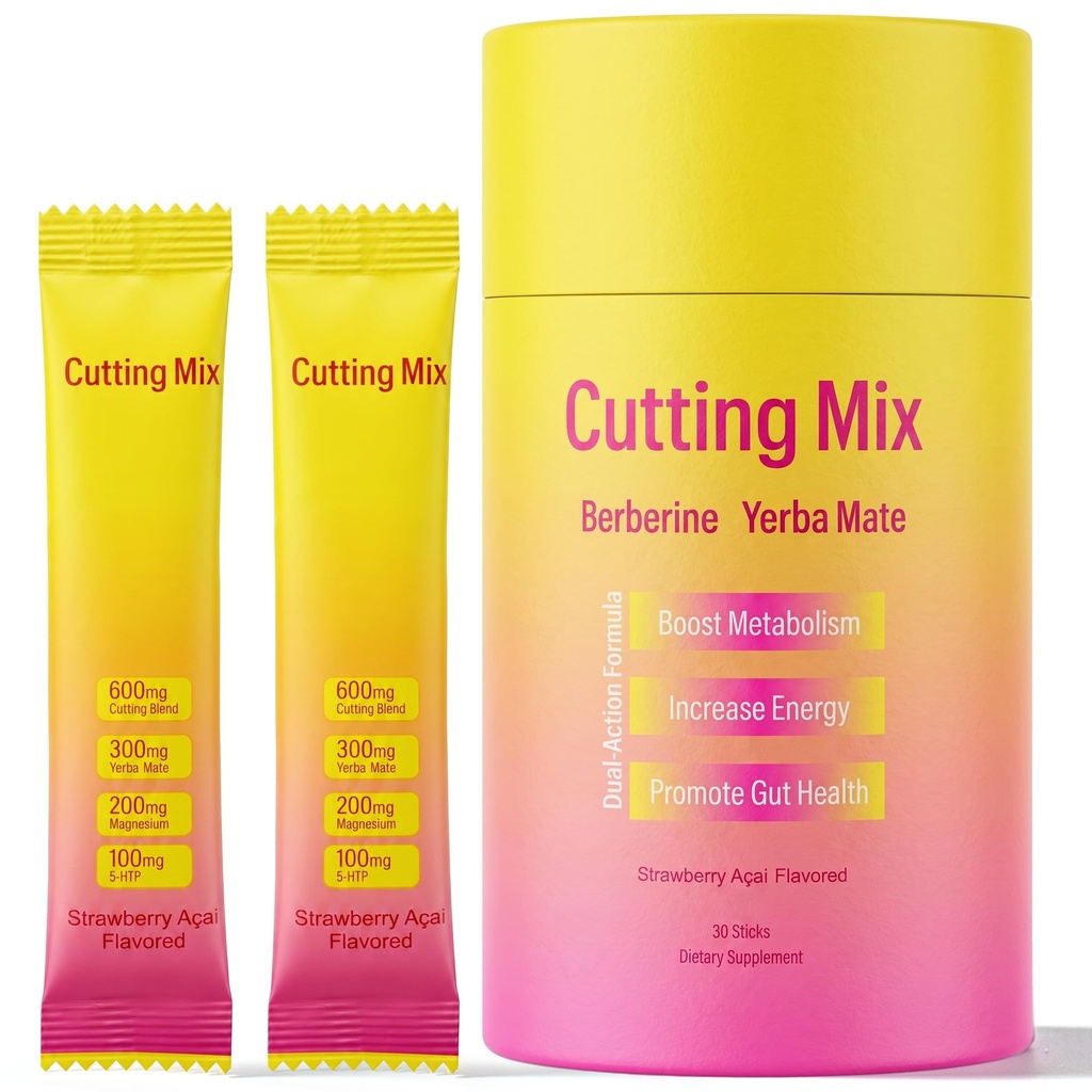 Cutting Drink Mix, Satiety & Craving Support Powder with Berberine, Chromium, FOS, Yerba Mate & 5-HTP, Sugar-Free Vegan Drink Mix, Strawberry Acai Flavor, 30 Individual Sticks