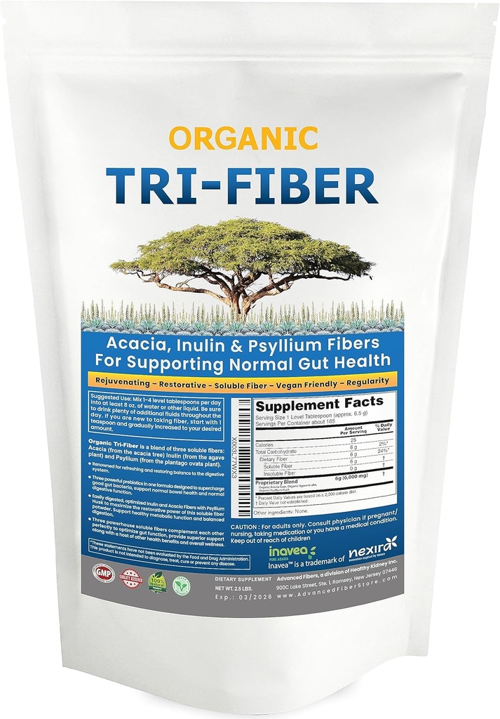 Tri- Fiber Opløselig Fiber pulver, Unflavored High Fiber 3- in-1 Opløselig Fiber supplement til fordøjelsesstøtte. Kostfibre 1 lbs (16oz)