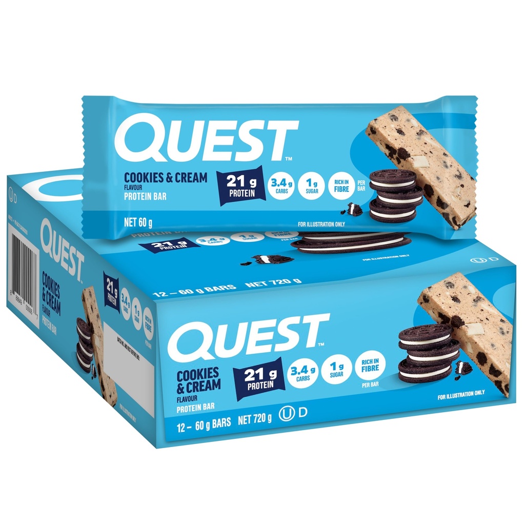 Quest Nutrition Protein Bar, Cookies & Cream, 21g Protein, 4g Net Carbs, 190 Cals, Low Carb, Gluten Free, Soy Free, 2.12oz Bar, 1 Count