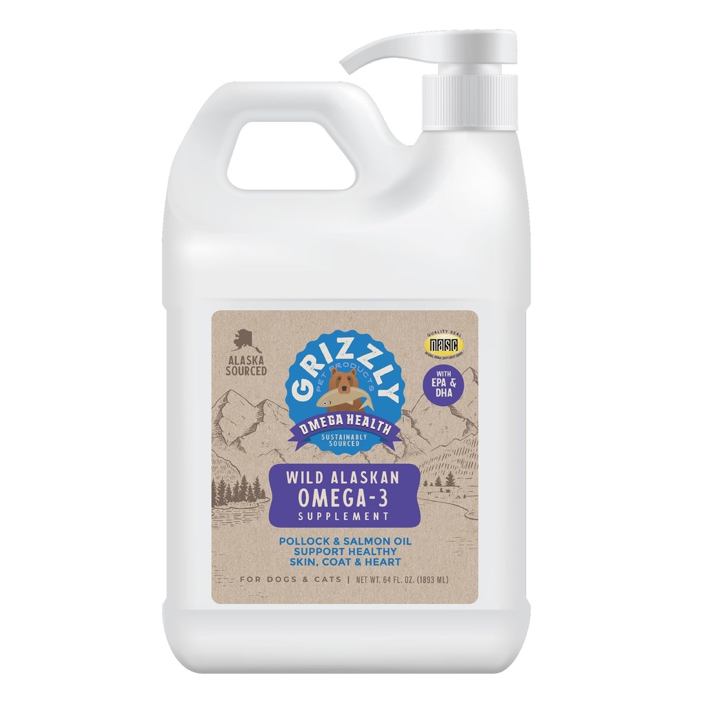Grizzly Pet Produkter Omega sundhed Væske Omega-3 tillæg til hunde og katte, 64 Ounce Jug