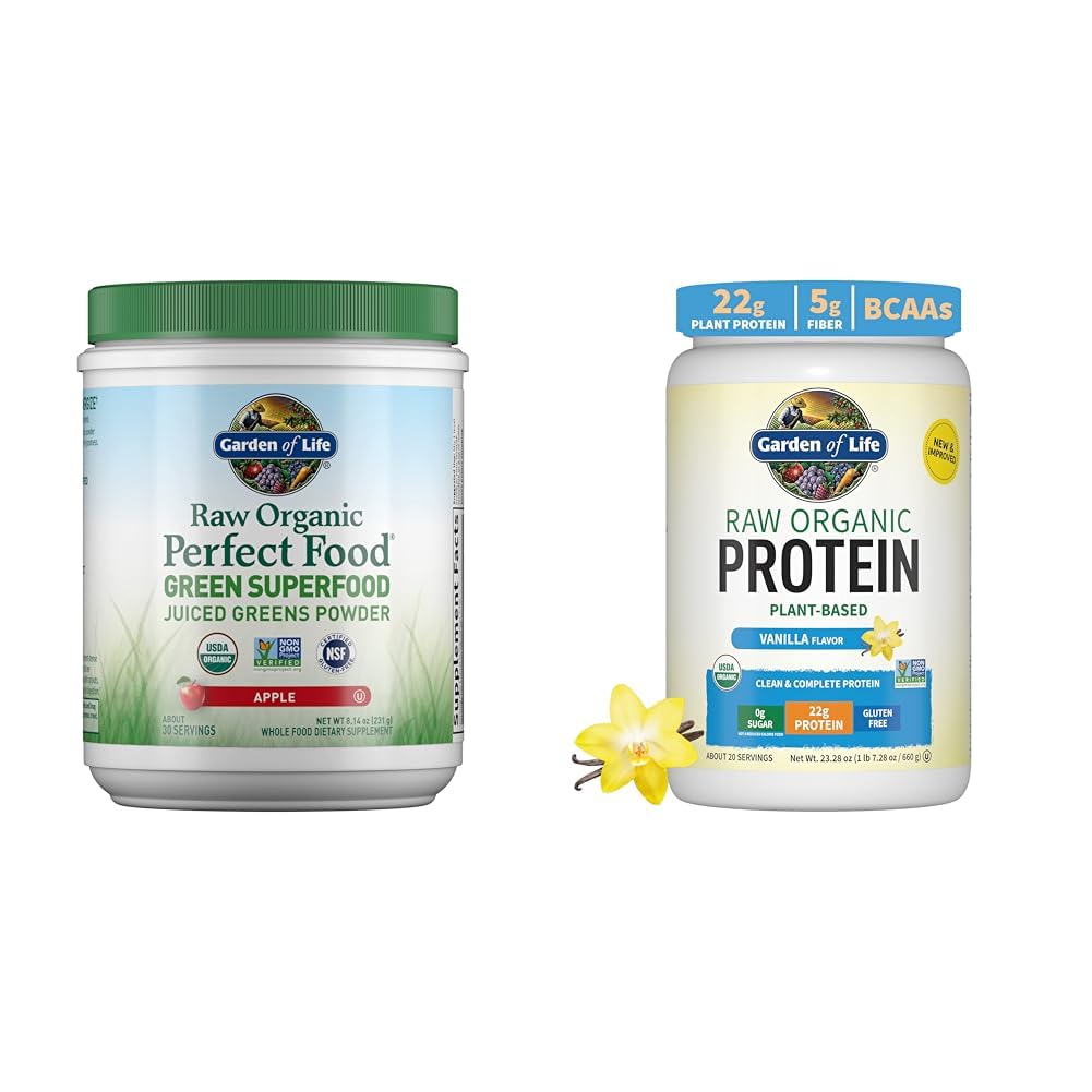 Garden of Life Raw Organic Perfect Food Green Superfood Juiced Greens Powder - Apple Flavor & Organic Vegan Vanilla Protein Powder 22g Complete Plant Based Raw Protein