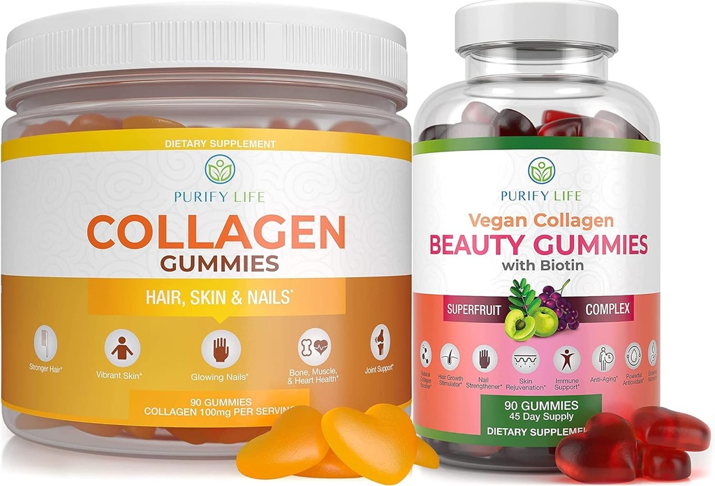 Rens liv Marine Collagen & Vegan Collagen Bundle, Gummies Vitamin til hår hud og negle Sundhed (90 Chews), Pore Reducer & Elasticitet, Erstat kapsler, piller