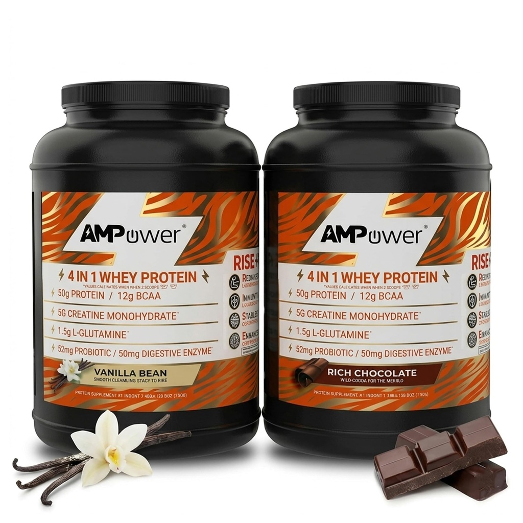 AMPOWER Rich Chochlate & Vanilla Bean Whey Protein Powder - R.I.S.E Formula Designed by Athletes - 25g Protein, BCAA, Creatine, L-glutamine, Probiotics & Digestive Enzymes (Pack of 2)