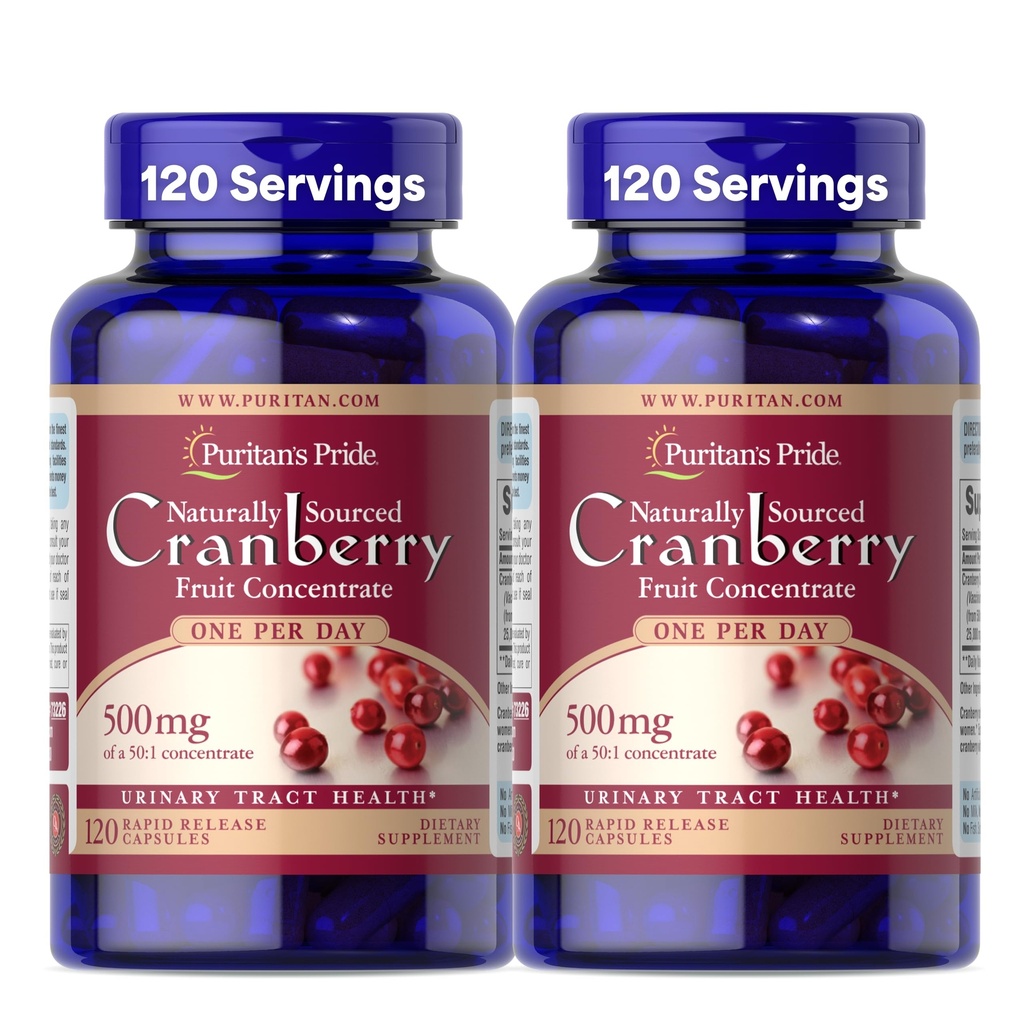 Puritans pride naturligt sourced tranebær En per dag frugt koncentrat 500mg, 50: 1 Kosttilskud til Urinary Tract Support, 4 Måned Supply, 120 Rapid Release Kapsler, 2 Pack