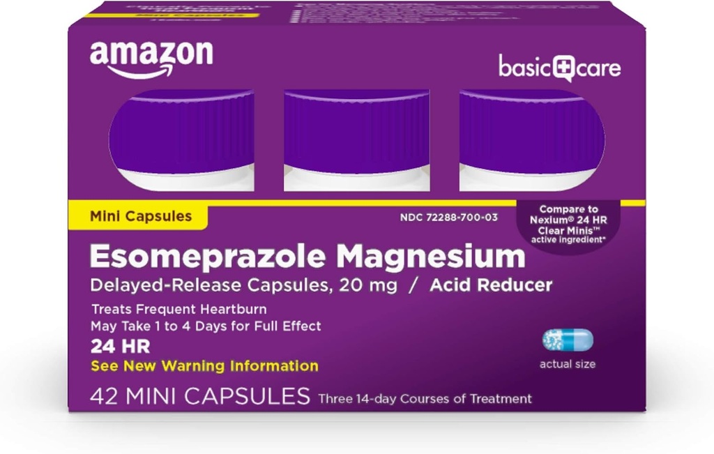 Grundlæggende pleje Esomeprazol Magnesium Delayed- Release Mini kapsler, 20 mg, syre Reducer, 24 timers Heartburn Medicin, 42 Tæl
