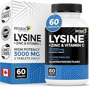 Renew Actives L- Lysin 1000 mg per servering med zink & C-vitamin - understøtter immunfunktion, kollagen formering, antioxidant support, og sund hud, hår, og negle - Made in Canada - 60 tabletter