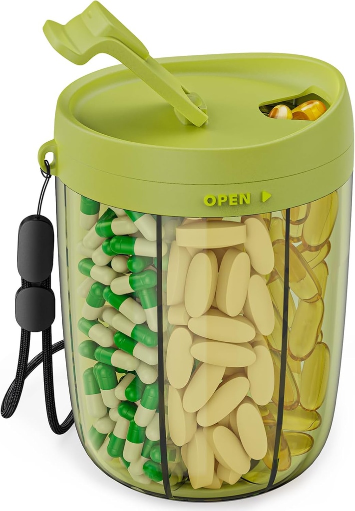 PULIV Stor pilleflaske Organizer, supplement Organizer til Holding 6 Forskellige vitaminer, Pillekasse sag med anti-blanding & bred åbning Design, let at hente medicin og 20 Pcs Stick- på etiketter, grøn