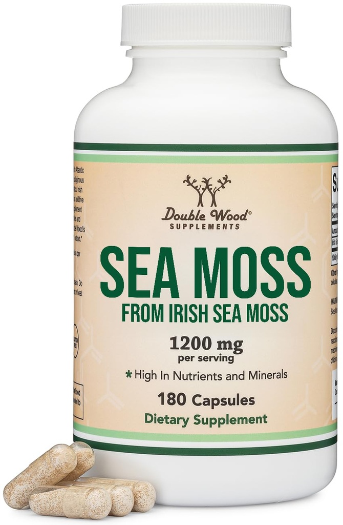 Irske Sea Moss Kapsler, mere potent end Sea Moss Gel Extract (180 greve, 1,200mg per servering) (fra Wildlavet og Raw Chondris Crispus) Nutrient Rich Superfood High in Minerals by Double Wood