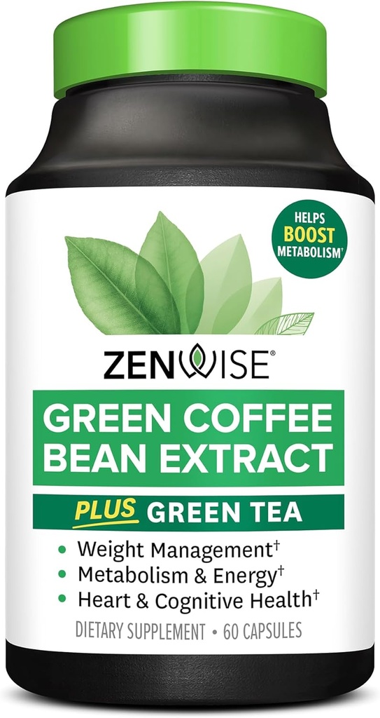 Zenwise Health EGCG Green Tea Extract kapsler med kaffe bønne ekstrakt - 50% EGCG + 98% polyphenoler supplement - Green Tea Pills til hud og hjerte støtte + hjerne sundhed og hukommelse boost - 60 greve