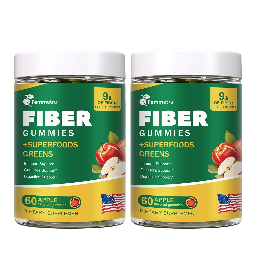 9G Fiber Gummies for Digestive Health & Regularity - No Sugar Added Apple Flavor - Prebiotic Fiber Supplement with Greens - Daily Gummies for Adults, Women & Men - 2 Bottles