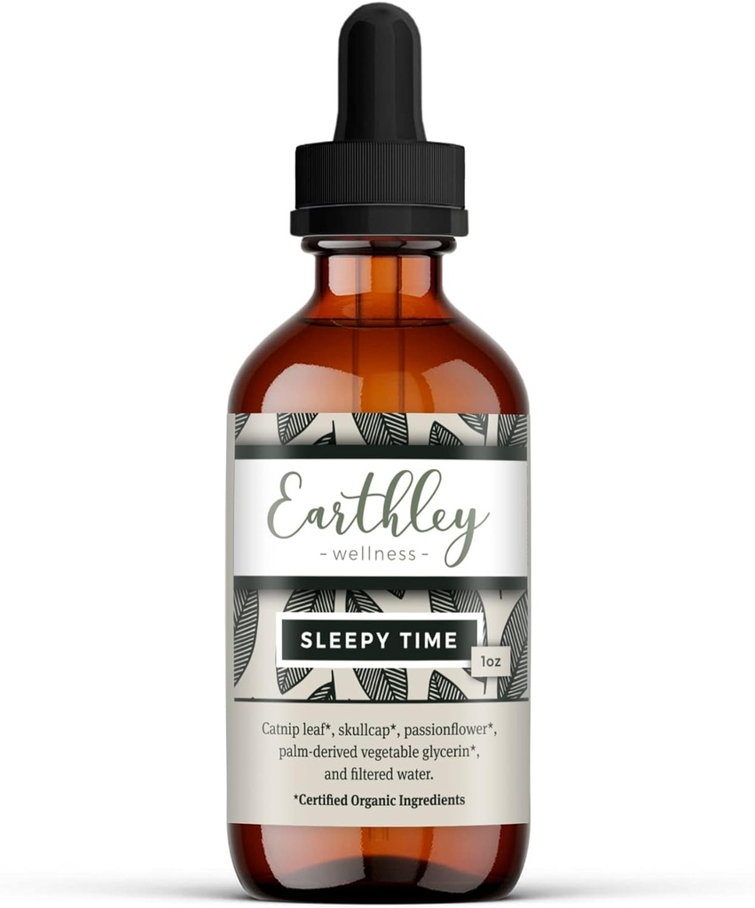 Earthley Wellness Sleepy Time, Natural Herbal Sleep Support til voksne og børn, Calming Extract til afslapning og afslappende nætter, Alkohol- fri, Lavet med Catnip, Skullcap, og Passionflower (1oz)