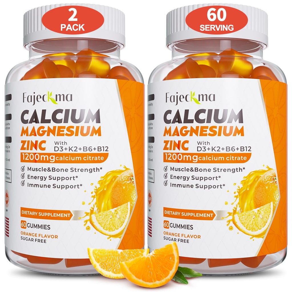Calcium Magnesium Zinkgummier til voksne: 1200mg Calciumcitrat med vitamin D3 K3 - Natural Organic Sugar Free High Absorption Supplement for Women Men Kids (120Count)