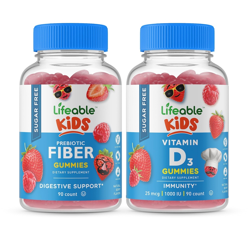 Livbare Sukker gratis Preciotic Fiber Kids + D-vitamin Kids, Gummies Bundle - Great Tasting, Vitamin Supplement, Gluten fri, GMO fri, Chewable Gummy