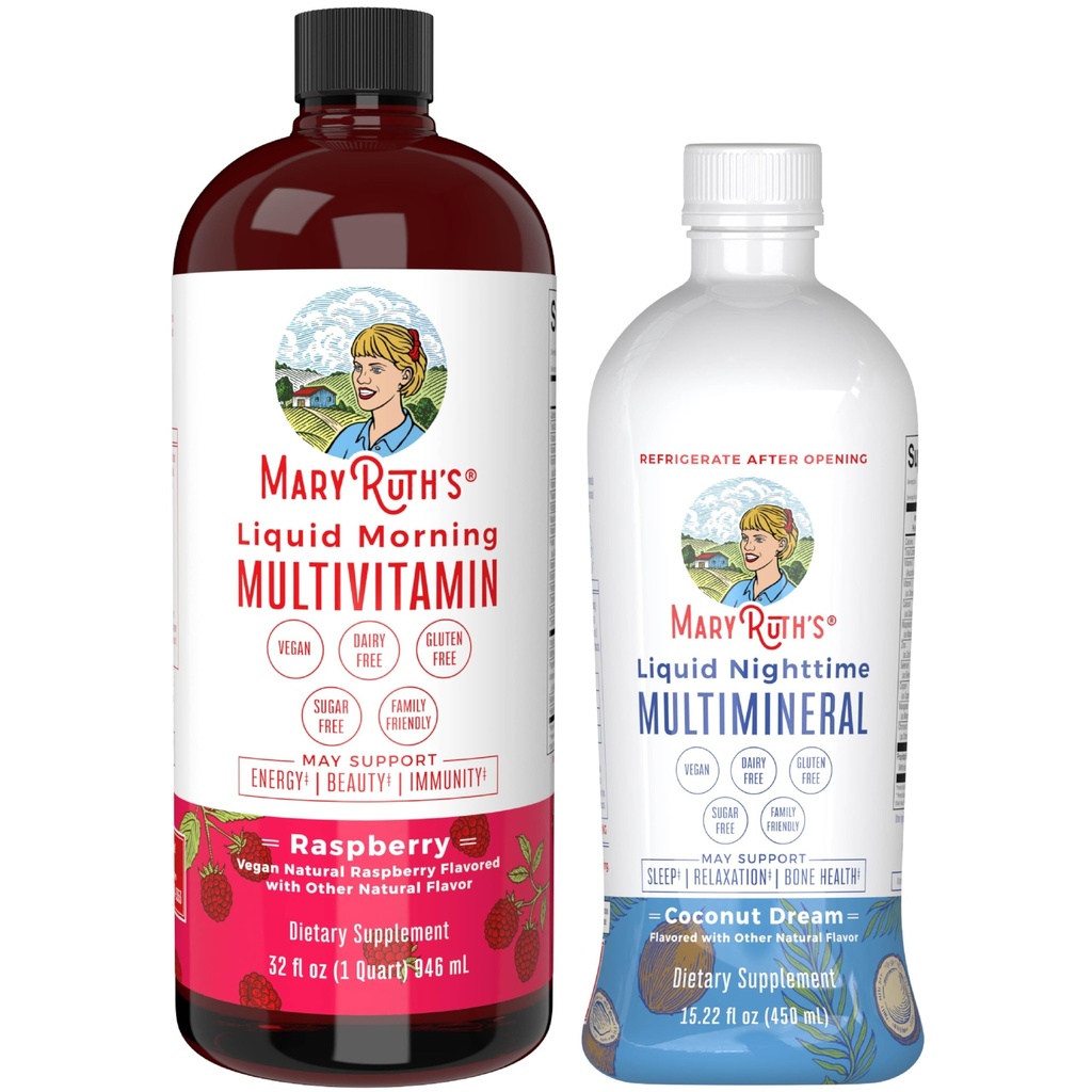 MaryRuth 's Liquid Morning Multivitamin Hindbær (32oz) & Liquid Nighttime Multimineral Coconut (15.22oz) Name 124; Sugar- Free, No Melatonin