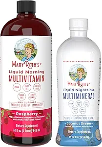 MaryRuth 's Liquid Morning Multivitamin Hindbær (32oz) & Liquid Nighttime Multimineral Coconut (15.22oz) Name 124; Sugar- Free, No Melatonin