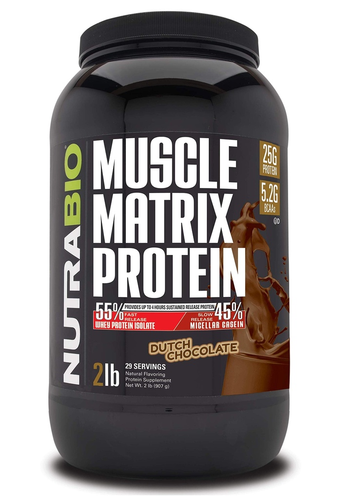 Nutrabio Muscle Matrix Protein Powder - 25 g protein Per Scoop - Whey Isolate og Micellar Casein Combo til hurtig og langsom udgivelse - hollandsk chokolade - 2 pund, 28 servering