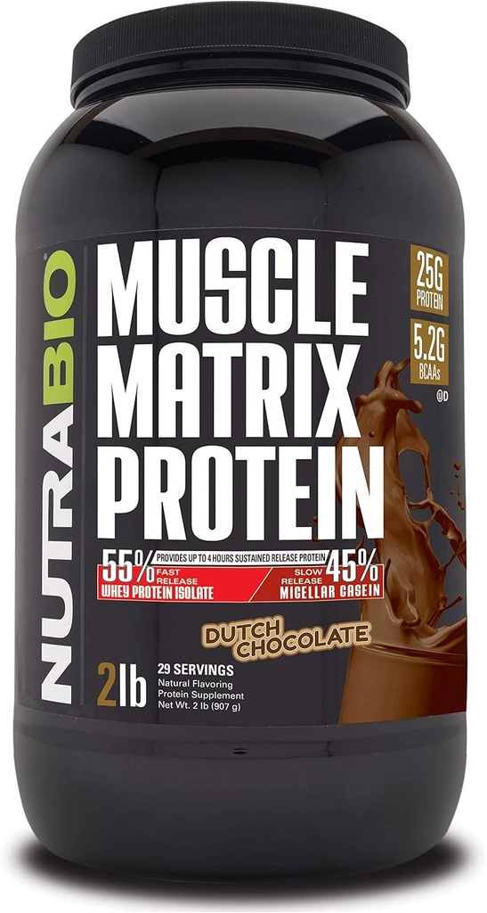 Nutrabio Muscle Matrix Protein Powder - 25 g protein Per Scoop - Whey Isolate og Micellar Casein Combo til hurtig og langsom udgivelse - hollandsk chokolade - 2 pund, 28 servering
