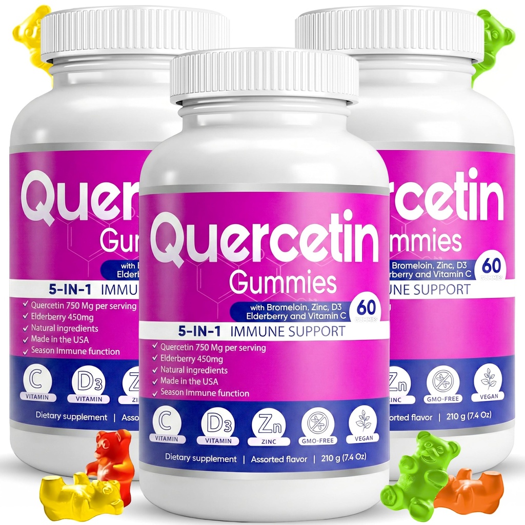(3 Pack) Quercetin Gummies by BioVitalica - Quercetin with Bromelain Vitamin C and Zink & Elderberry + D3- 5 i 1 immunstøtte - Zink Quercetin 750 mg til børn og voksne