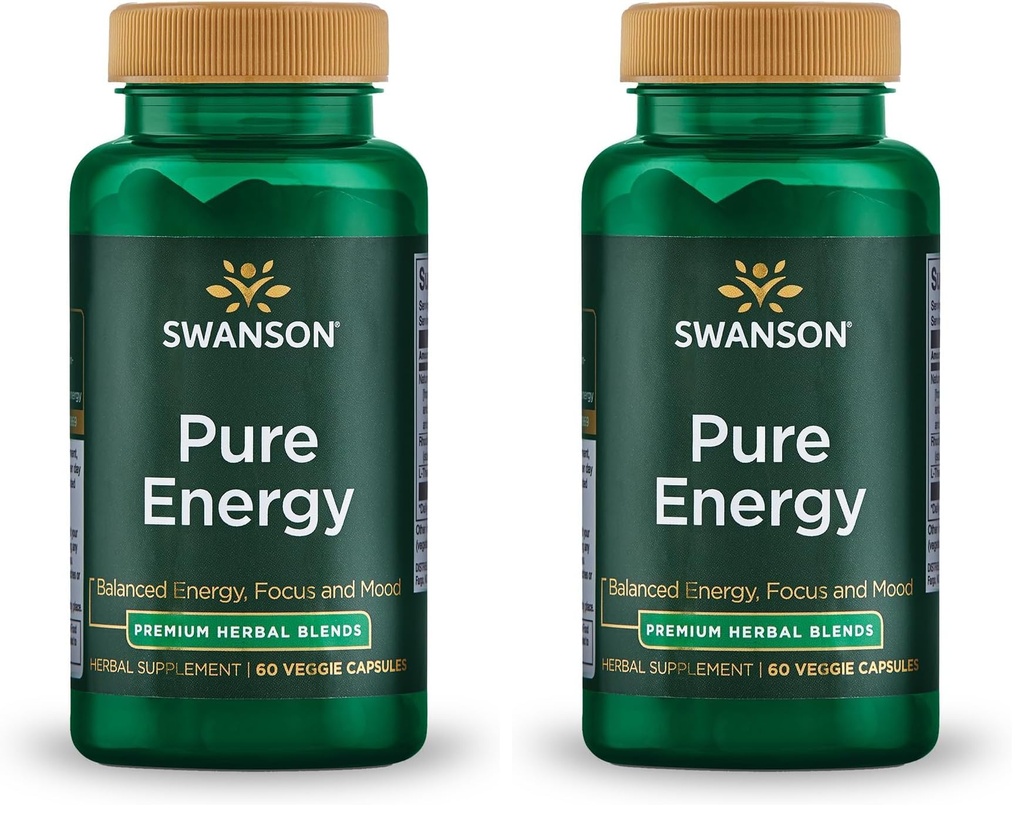Swanson Pure Energy Metabolism Concentration Focus Support Stress Management Adaptogenic Herbs Herbal Supplement 60 Veggie Capsules (Veg Caps) Vegan (Pack of 2)