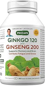 ANDREW LESSMAN Ginkgo 120 Plus Ginseng 200mg - 360 kapsler - Standardized Extract Blend til støtte hjerne, hukommelse og kognitiv funktion. Adaptogen, Combat Stress og Træthed. Ingen tilsætningsstoffer