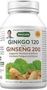 ANDREW LESSMAN Ginkgo 120 Plus Ginseng 200mg - 360 kapsler - Standardized Extract Blend til støtte hjerne, hukommelse og kognitiv funktion. Adaptogen, Combat Stress og Træthed. Ingen tilsætningsstoffer