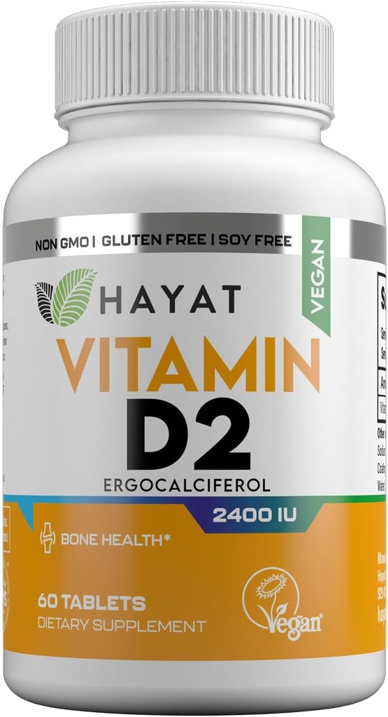 HAYAT Vitaminer Vegan Vitamin D2 2400 IE (60 MCG), Kosttilskud til ben, tænder, muskel og immunforsvar Support, 2 måneder Supply, All Natural, Certified Halal, 60 tabletter, Made in The USA