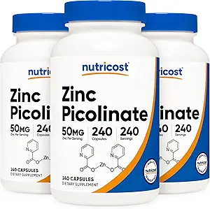 Nutricost Zinc Picolinate 50mg, 240 Vegetarian Capsules (3 Bottles) - Gluten Free and Non-GMO