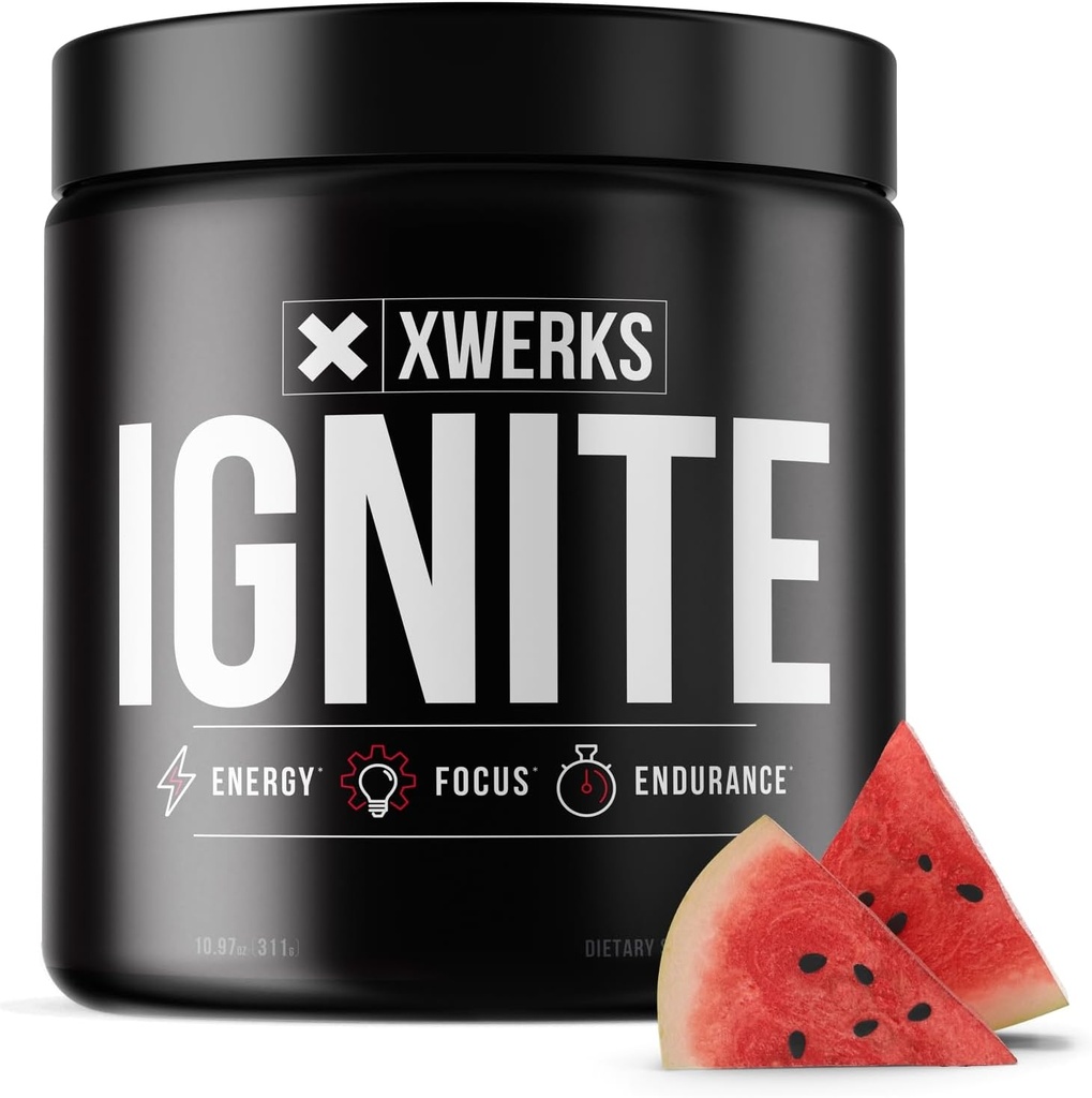Xwerks Ignate Watermelon Pre Workout Powder, Natural Keto Pre Workout for kvinder og mænd med eksplosiv energi, Gluten Free Blend for Endurance og Stamina, 150mg Koffein, 30 Servere