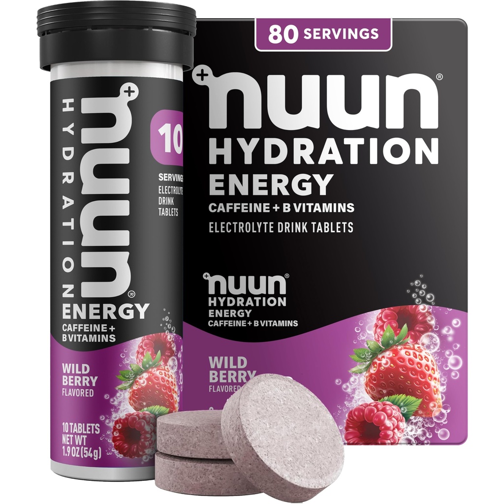 Nuun Energy Caffeine + B Vitamins, Electrolyte Hydration Tablets with Caffeine from Green Tea Extract, Magnesium & 4 Other Electrolytes, Gluten Free, Vegan, Wild Berry, 8 Pack (80 Servings Total)