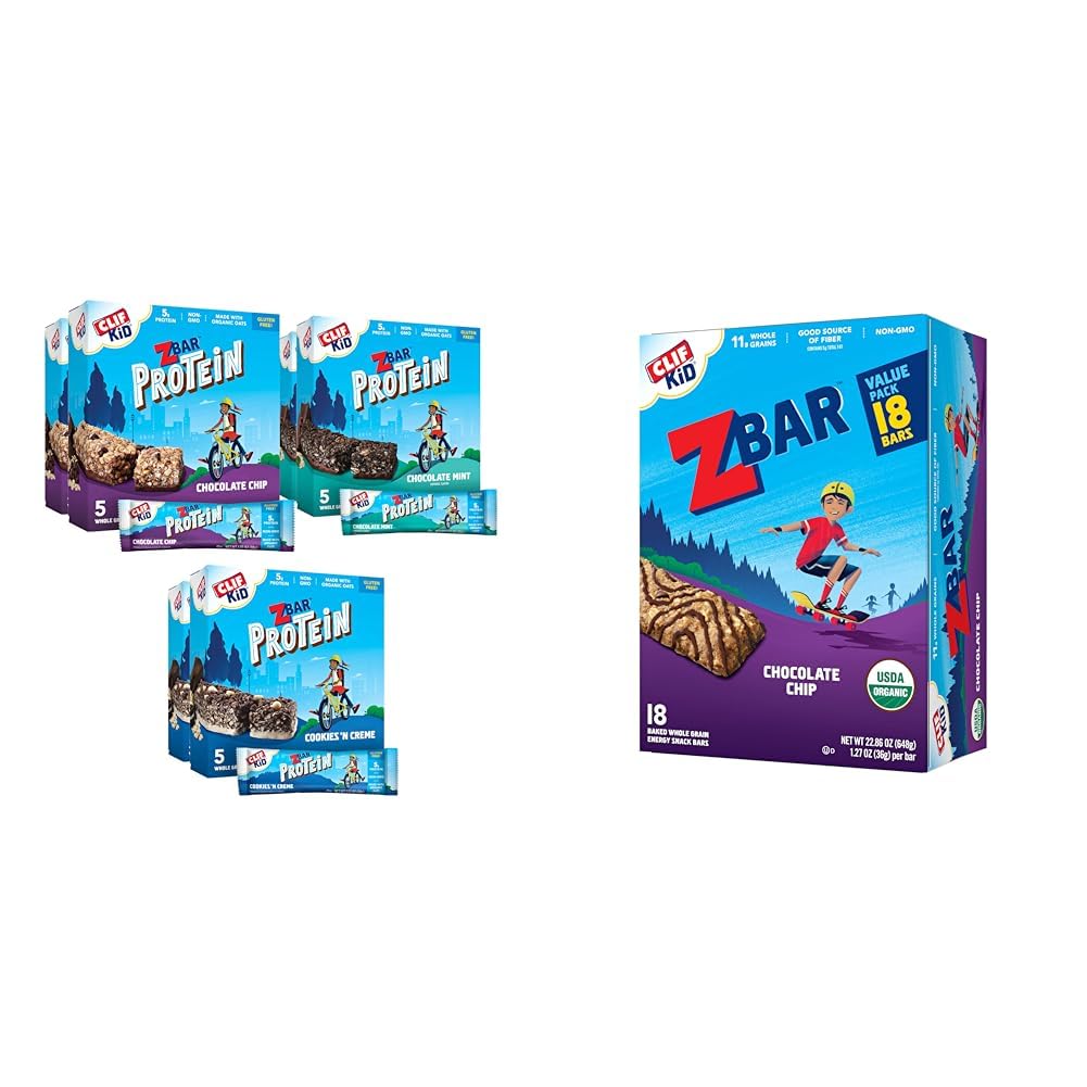 CLIFF Kid Zbar Protein Chocolate Chip, Chocolate Mint & Cookies 'n Creme Bars Value Pack (30 Count) + CLIFF Kid Zbar Chocolate Chip Bars (18 Pack)