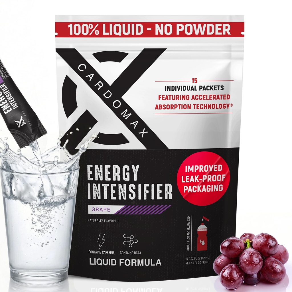 CardoMax Energy Drink Mix Packets – 200 MG Liquid Caffeine Pre-Workout with BCAAs – Sugar-Free, Zero Calorie, Vegan, Keto – 15 Liquid Stick Packs, Grape